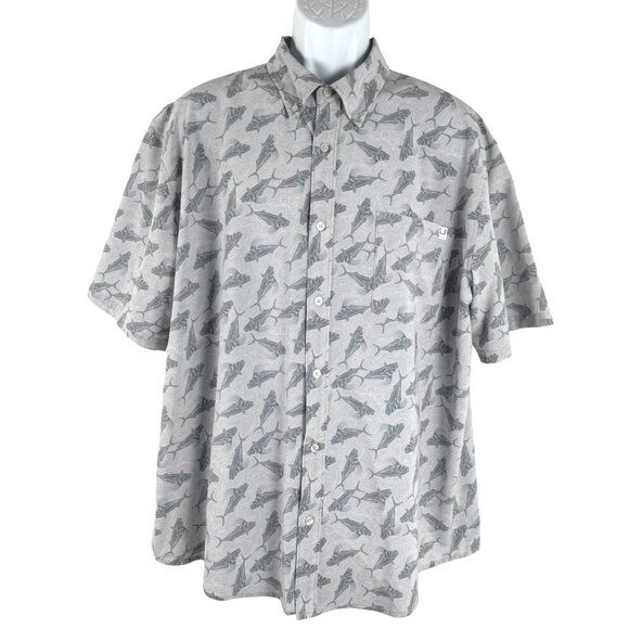 Huk Fishing Button Front Shirt 2XL Gray Fish All Over Print Short Sleeve TP-3069 - Picture 1 of 8